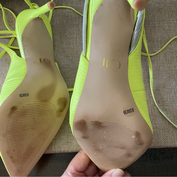 JLO Neon Green Shoes 8.5, Citron Florella Jennifer Lopez, ankle tie high heels - Picture 6 of 8